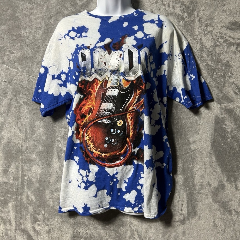 ACDC Flame Guitar Bleach Tie-Dye T-Shirt Blue White Mens Medium 2023 Band Tee